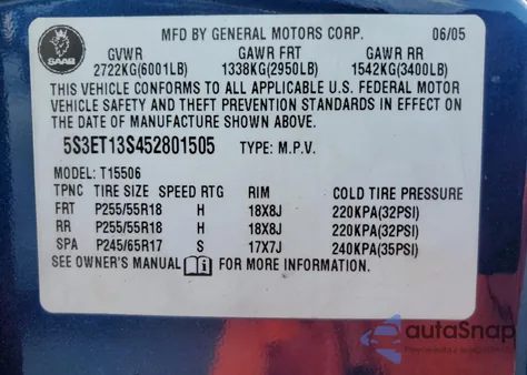 2005 Saab 9-7X Linear from USA, damaged, VIN 5S3ET13S452801505